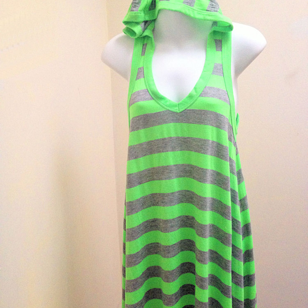 Hooded M Neon Green Gray Striped Coverup Dress